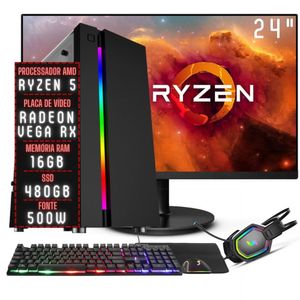PC Gamer Completo 3green Force AMD Ryzen 5 16GB DDR4 Placa de vídeo Radeon RX SSD 480GB Monitor 24" 75Hz Fonte 500W 3GFO-044