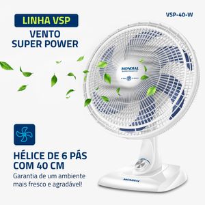 Ventilador de Mesa Mondial Super Power 6 Pás 140W 40Cm Branco e Azul VSP-40-W