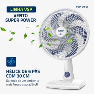 Ventilador de Mesa Mondial Super Power 6 Pás 60W 30Cm Branco e Azul Escuro VSP-30-W