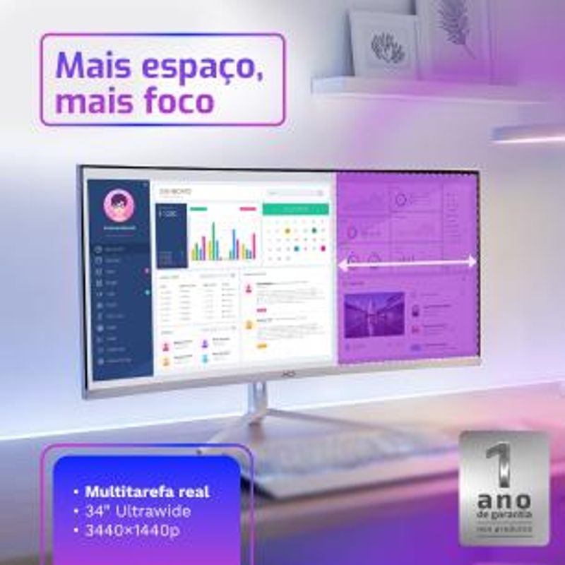 Monitor Gamer 34" Curvo Branco 1ms 165Hz UltraWide (QHD)  3440x1440 AMD FreeSync HDMI DP HQ Premium HQW34C16-1763143259101