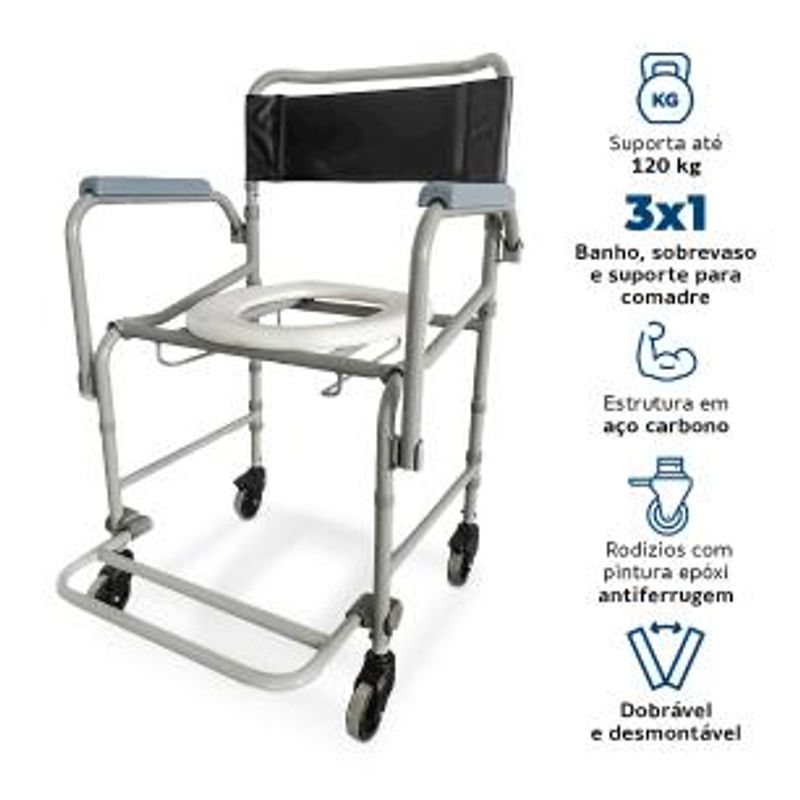 Cadeira de Banho Higiênica Dellamed Dobrável e Desmontável até 120 Kg Preto e Cinza D40-1767981898090